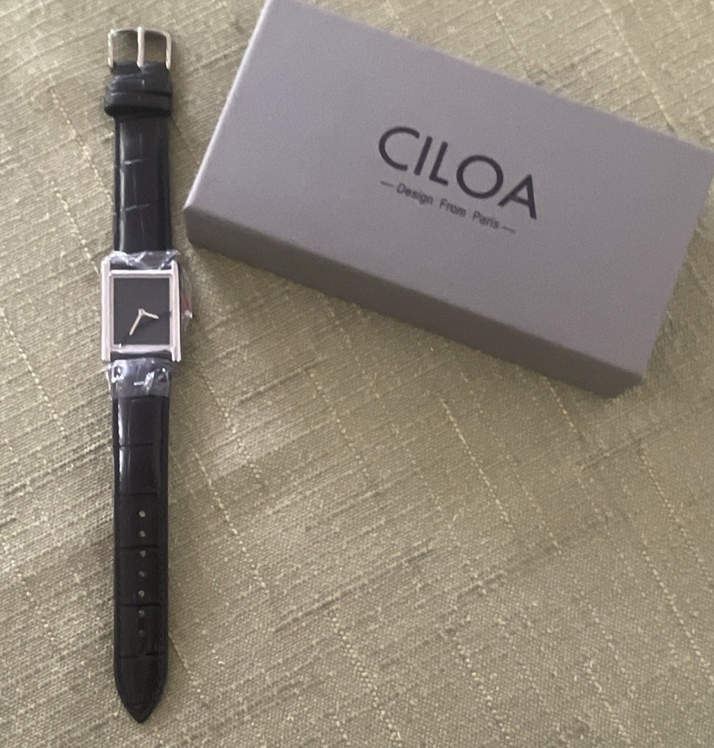 Ciloa Rectangle Quartz Dress Watch Black Dial Leather Strap - Tanoli & Co. © EST. 2024