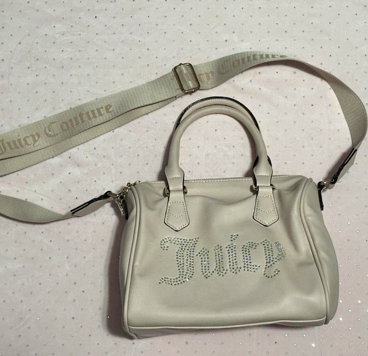 Juicy Couture Beige Logo Rhinestone Satchel Handbag, Small - Tanoli & Co. © EST. 2024