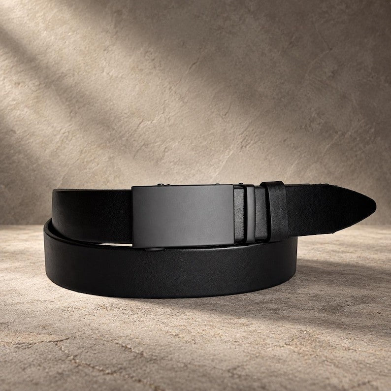Men's Leather Ratchet Belt Automatic Buckle Black Adjustable - Tanoli & Co. © EST. 2024